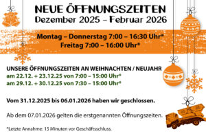 Öffnungszeiten über Weihnachten/Neujahr ab 2025